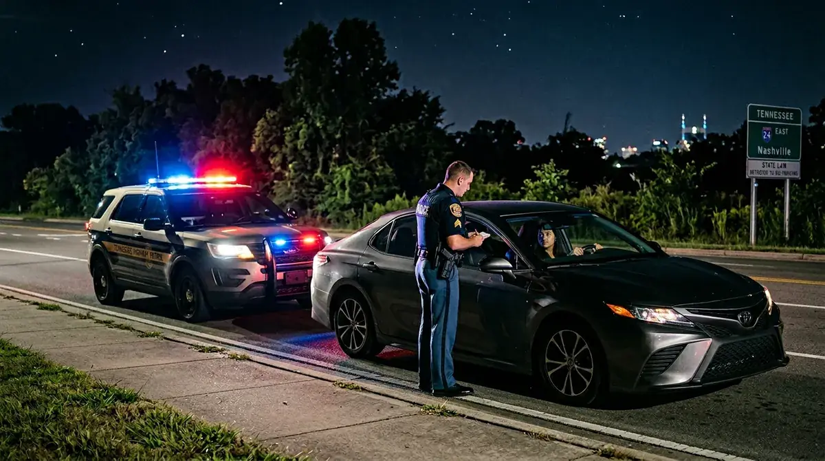 Tennessee state trooper standing at the driver's window of a sedan during a nighttime traffic