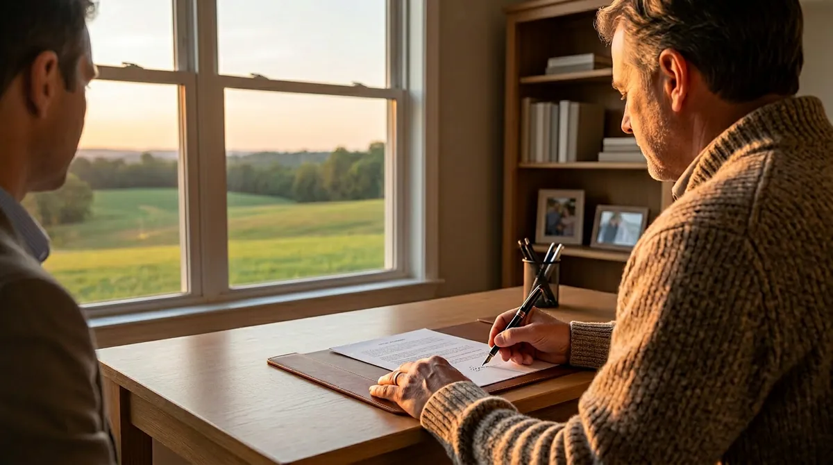 Man at a wooden desk signing a Tennessee will with his attorney across from him, soft sunset
